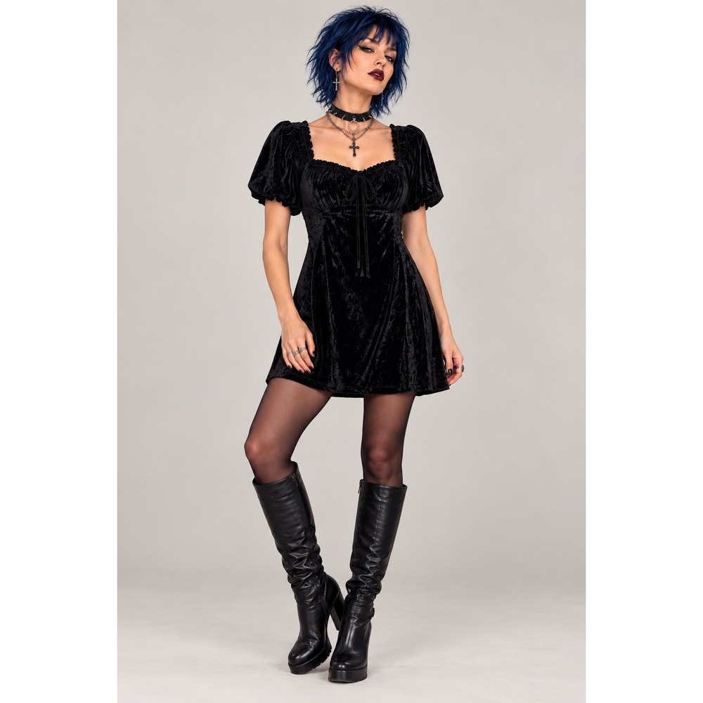Beyond the Radar XL Black Velvet Babydoll Dress Puff Sleeve Romantic Goth